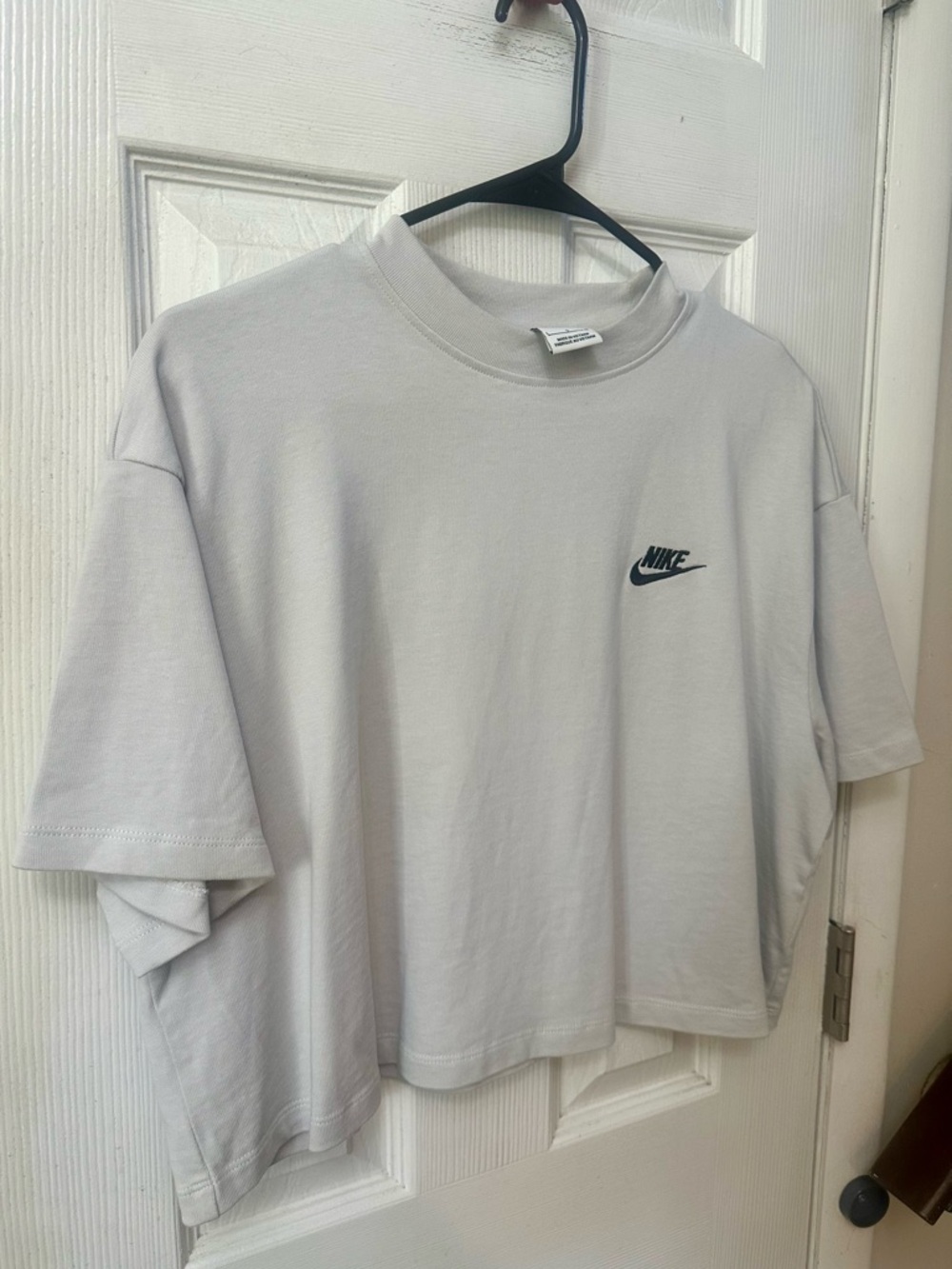 Nike Boxy Cropped Tee in Light Gray with Black Swoosh, 100% Cotton